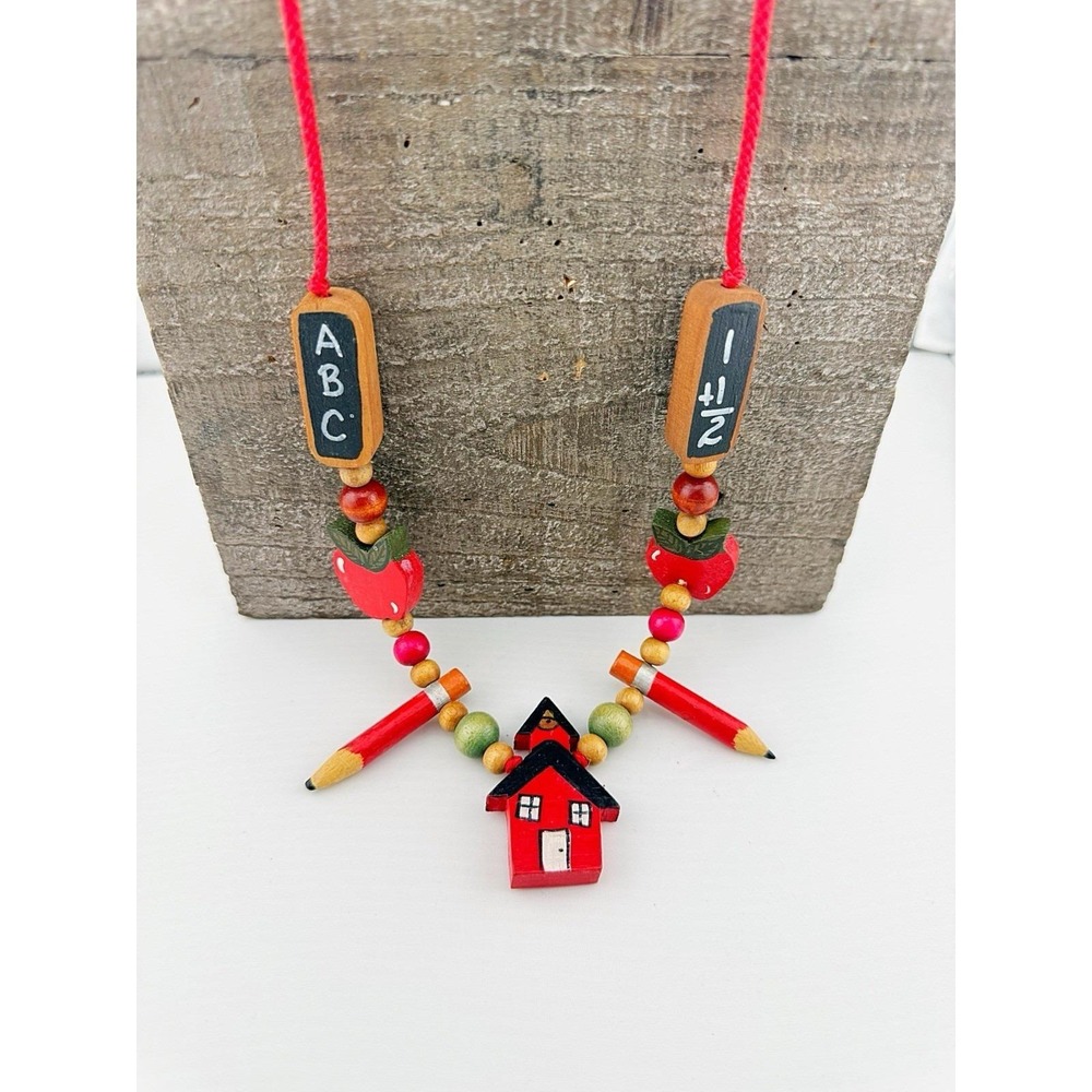 Vintage Schoolhouse Wooden Necklace On Adjustable Tie Cord 14.5" Long
